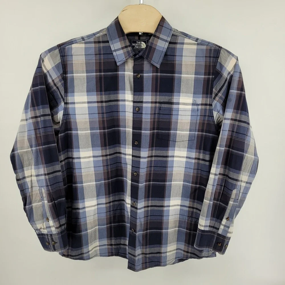 The North Face Mens XL Blue Plaid Long Sleeve Button Down Cotton Shirt KU 683677